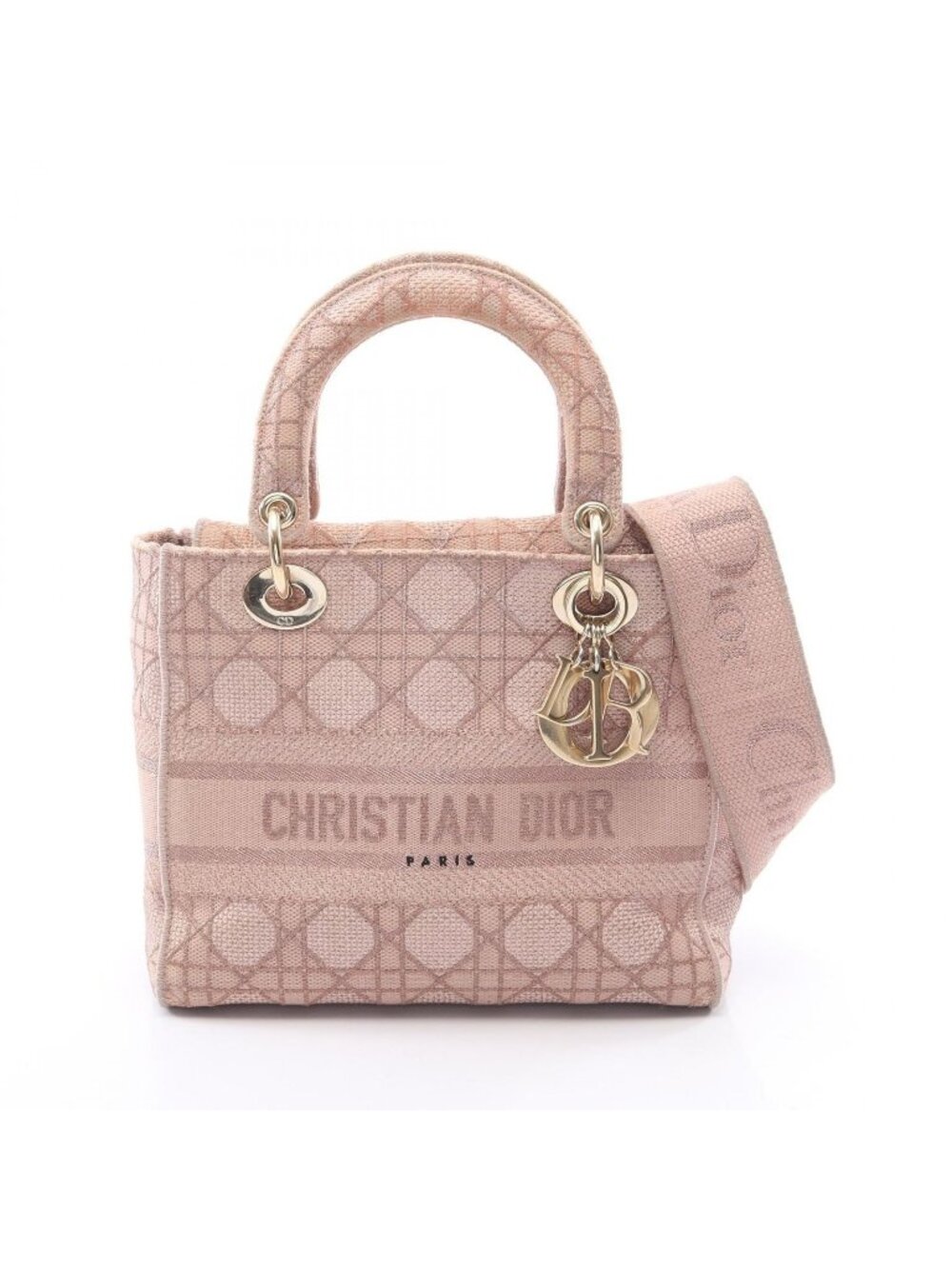 Dior Handbag Lady Dior D-lite Medium Cannage 2-Way Pink Gold Canvas